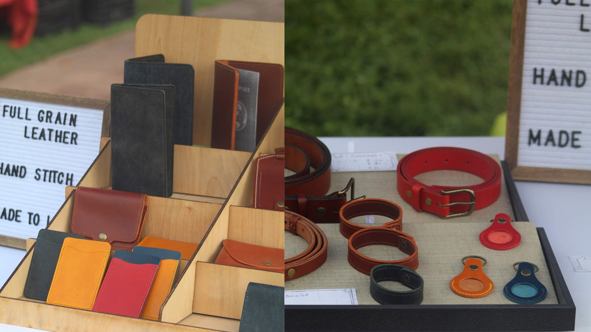 Collection of handcrafted leather wallets, belts, bracelets and other accessorires
