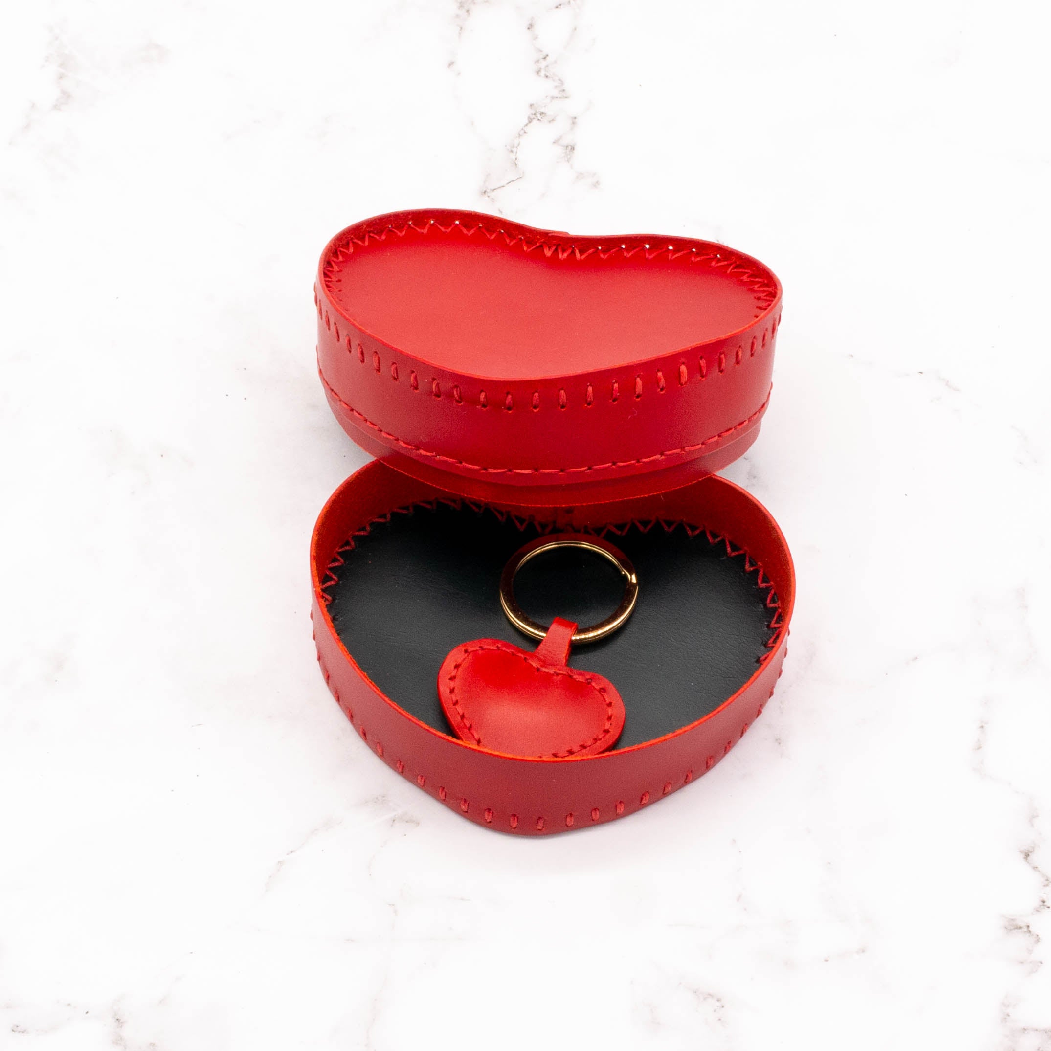 Red Heart-Shaped Leather Gift Box with Matching Heart Key Ring