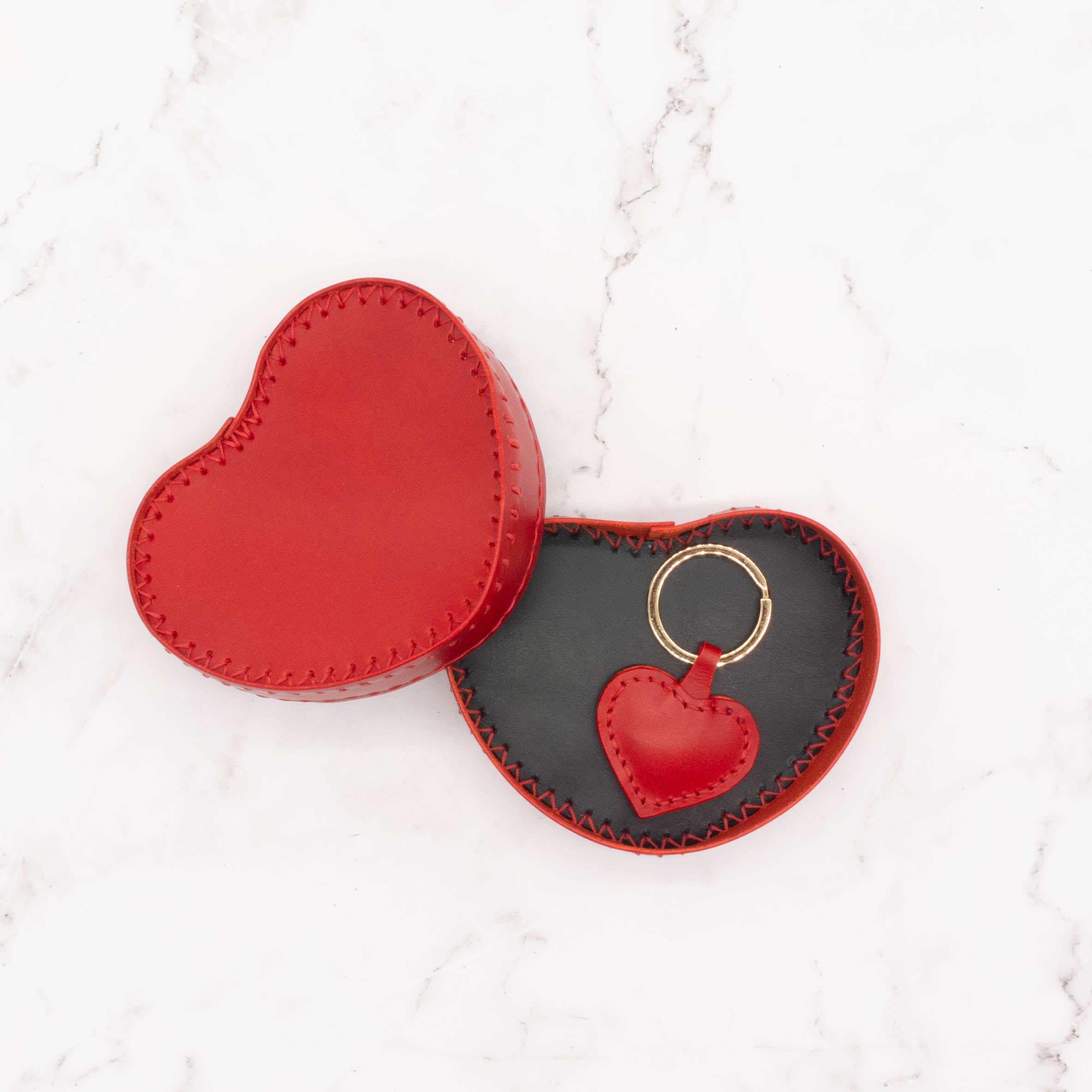 Red Heart-Shaped Leather Gift Box with Matching Heart Key Ring