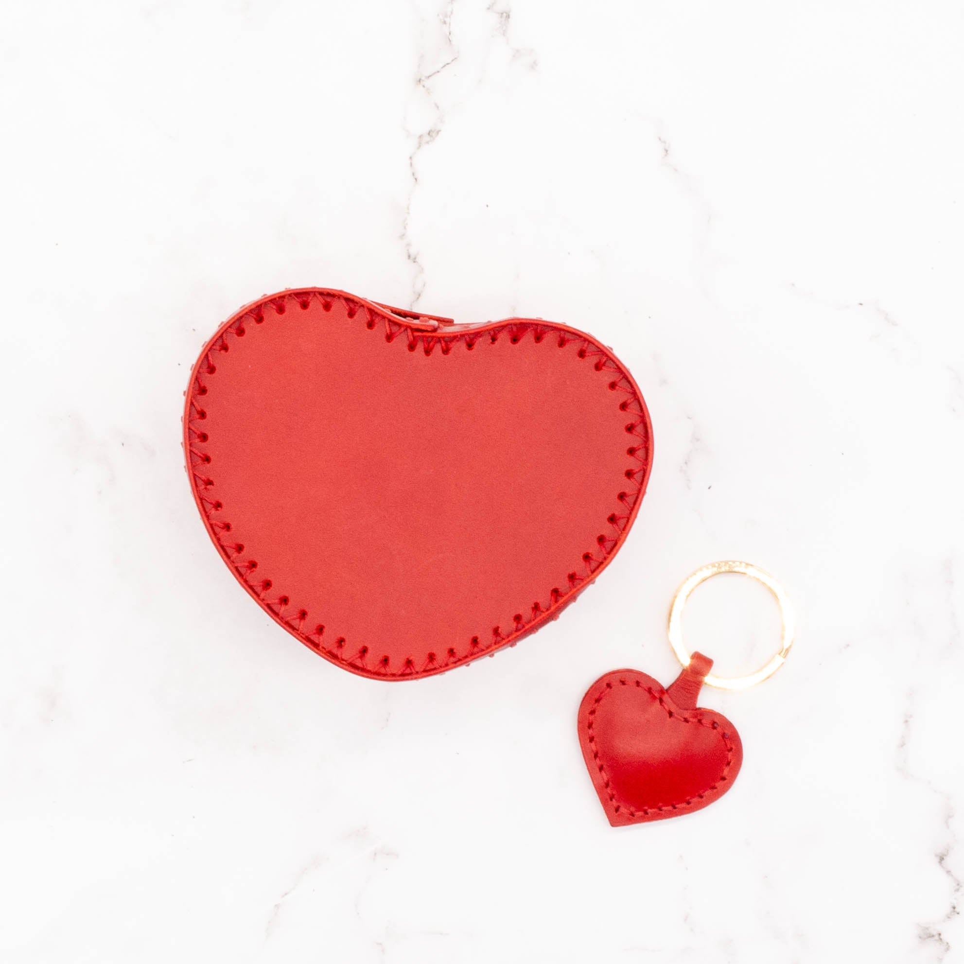 Red Heart-Shaped Leather Gift Box with Matching Heart Key Ring