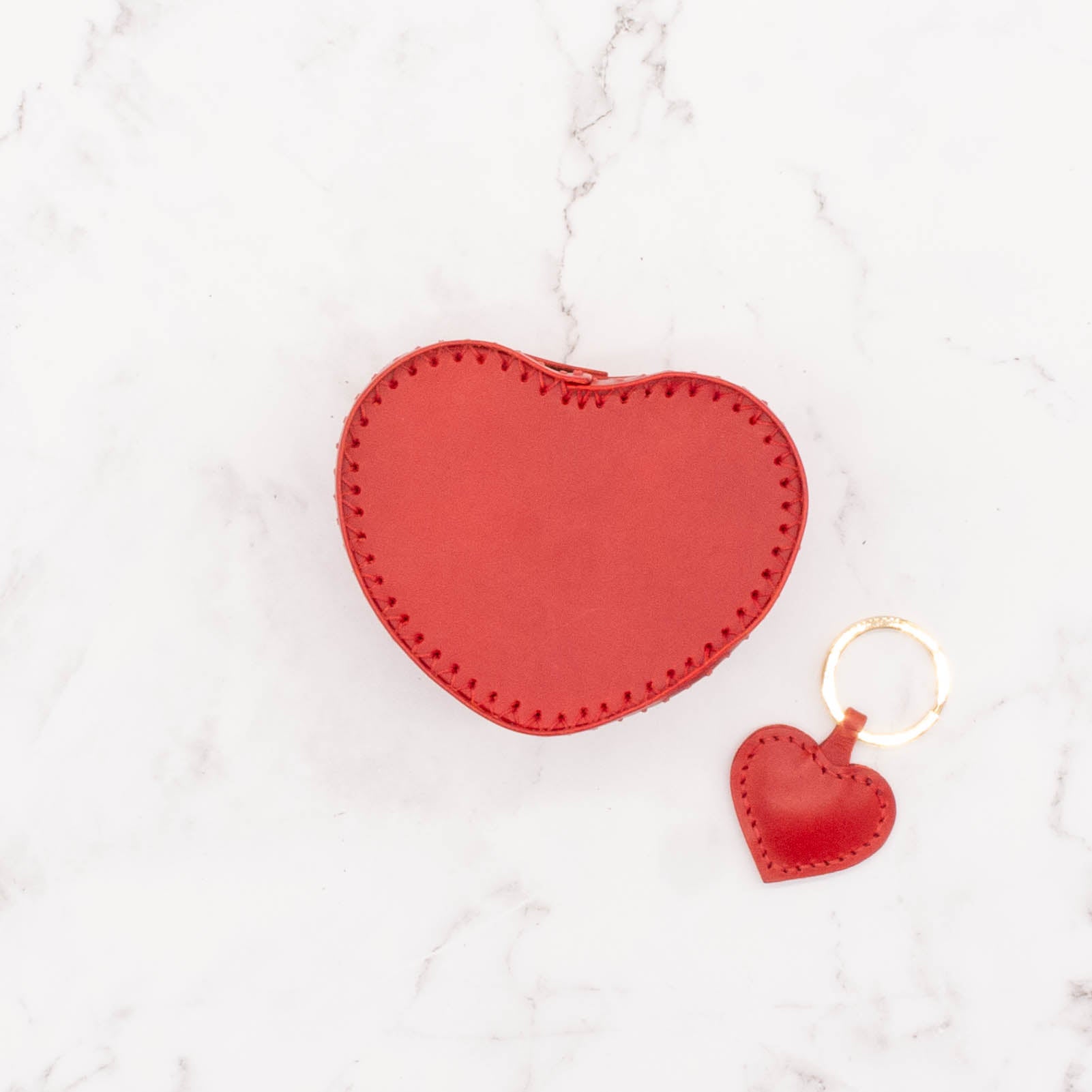 Red Heart-Shaped Leather Gift Box with Matching Heart Key Ring