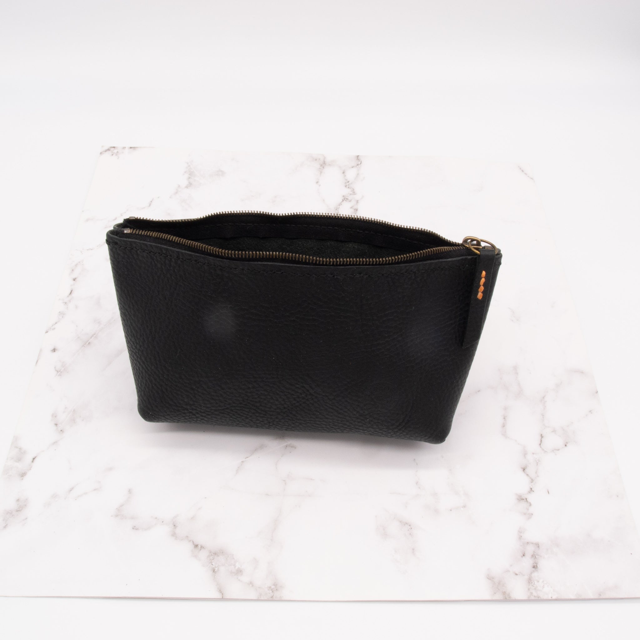 Black Pebbled Leather Zipper Travel Accessory Bag