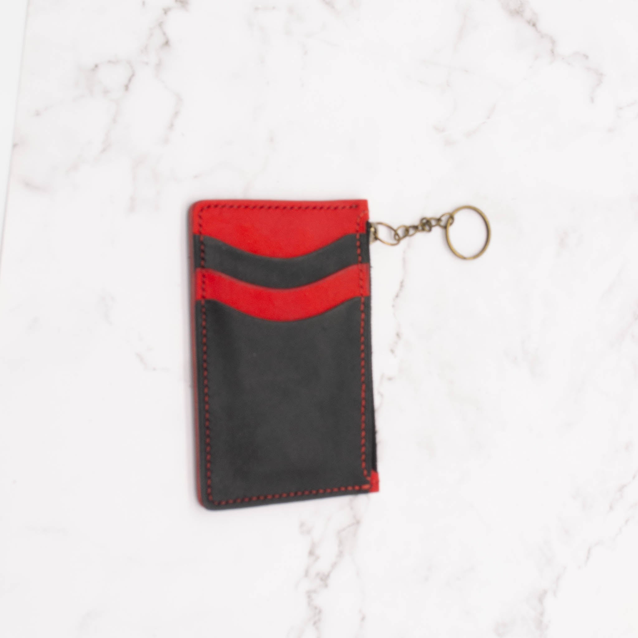 Colorblock Medium Leather Wallet with Top Zipper and Key Ring - Black and Red