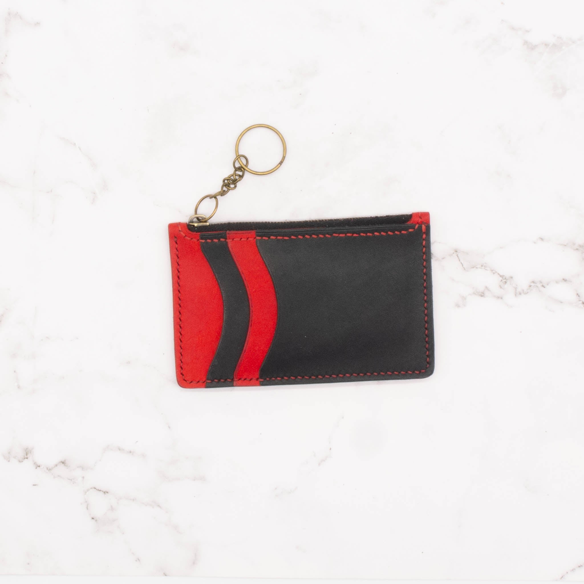 Colorblock Medium Leather Wallet with Top Zipper and Key Ring - Black and Red