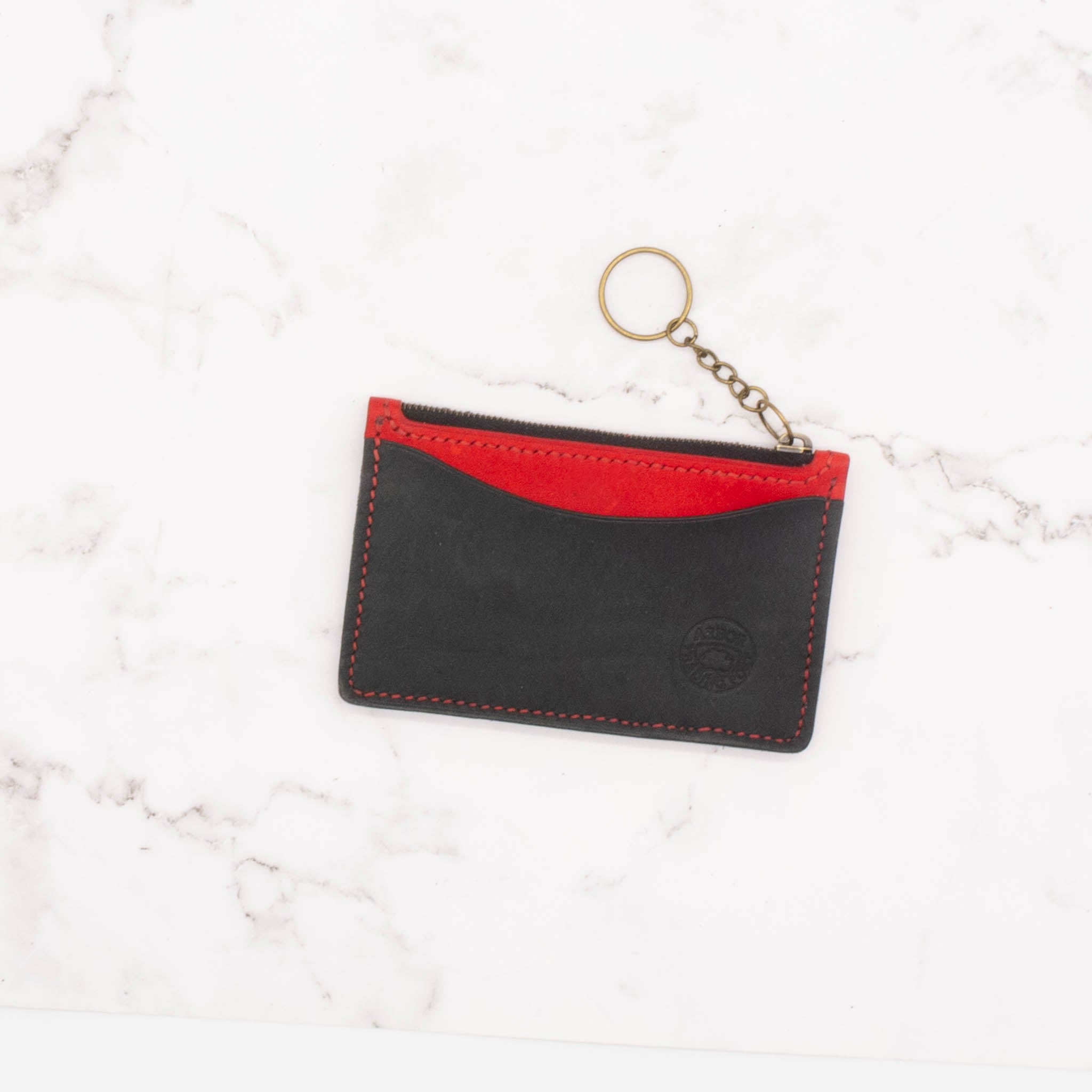 Colorblock Medium Leather Wallet with Top Zipper and Key Ring - Black and Red