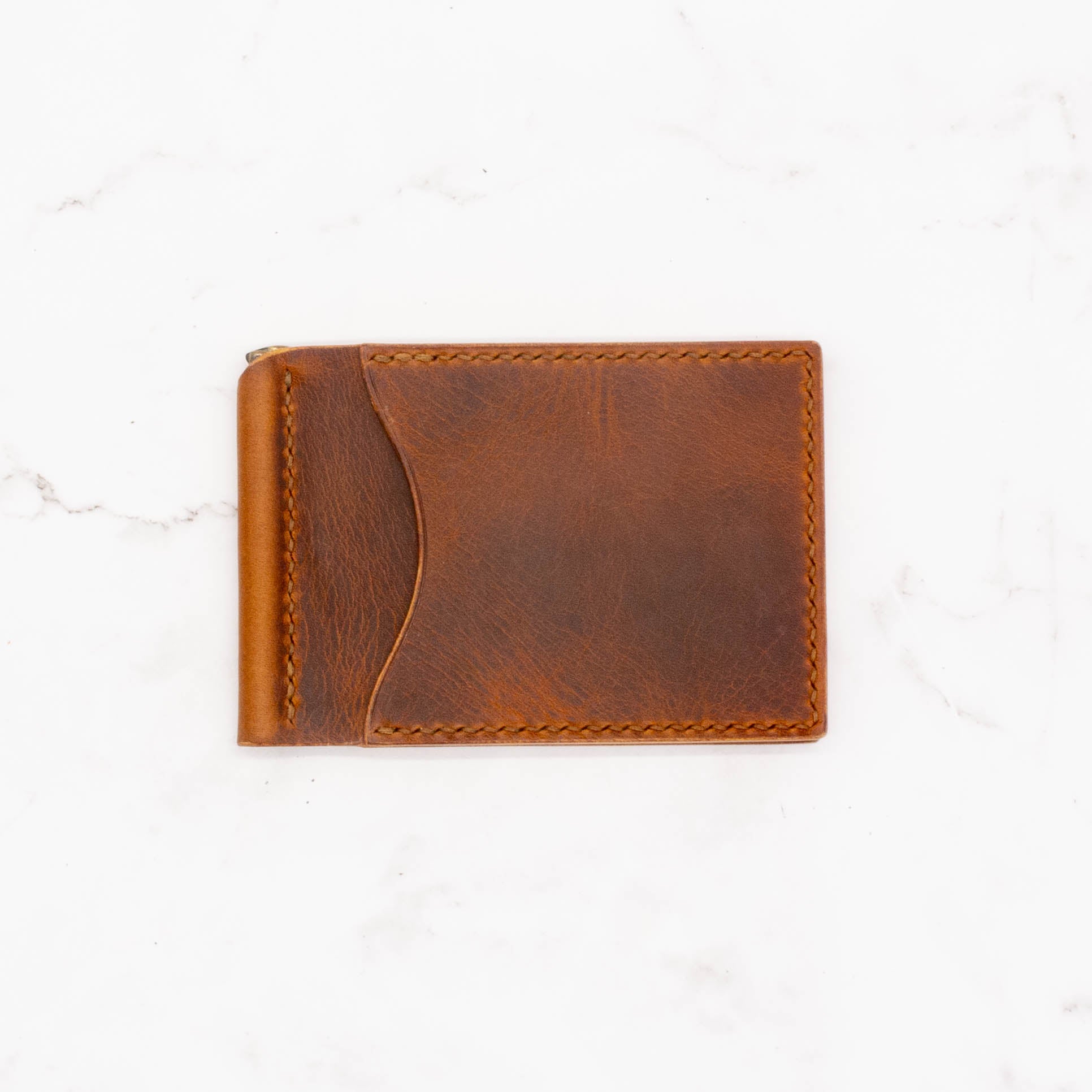 Modern Design Slim Money Clip Bifold Wallet - Cognac Pullup Leather