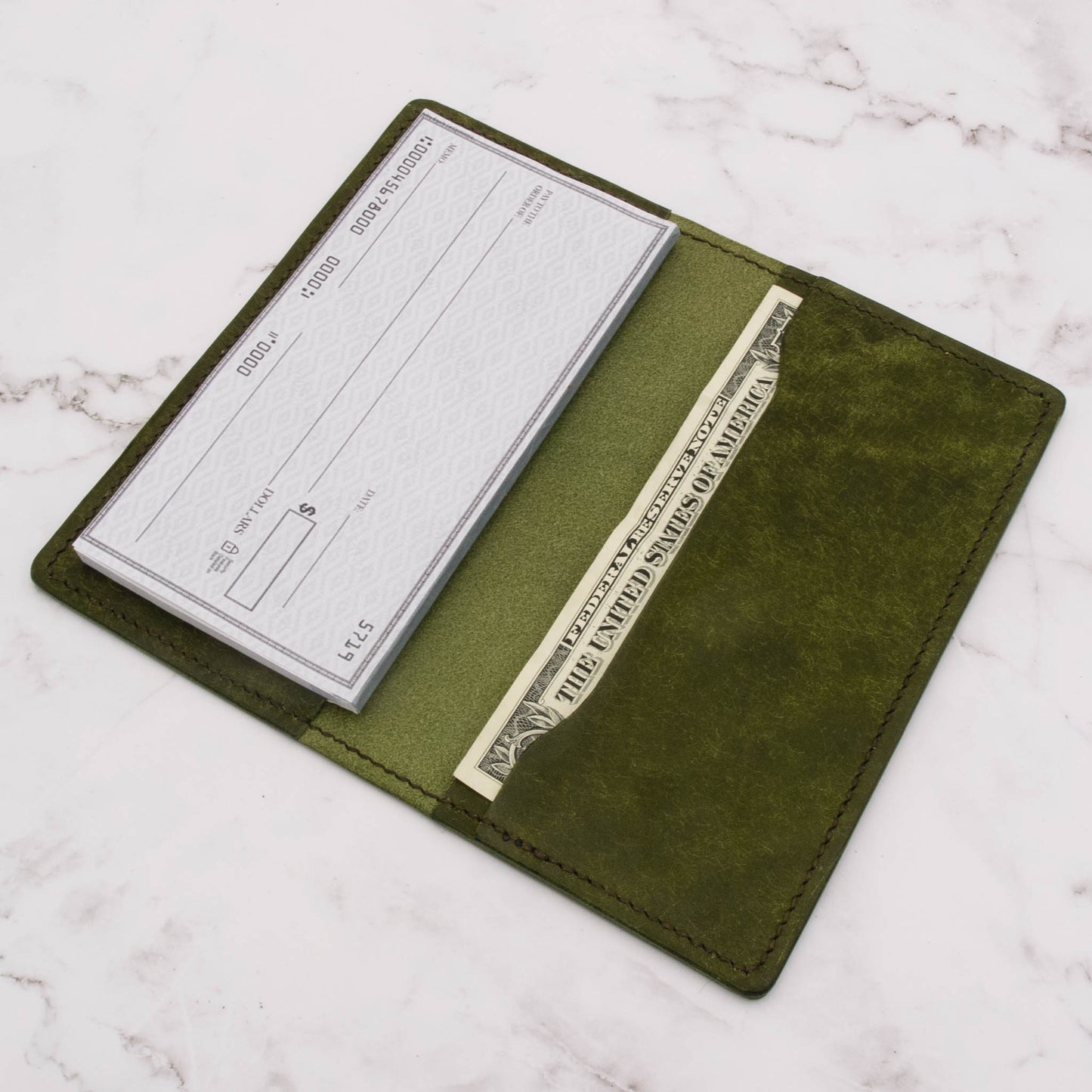 Handcrafted Leather Checkbook Cover - Olive Green