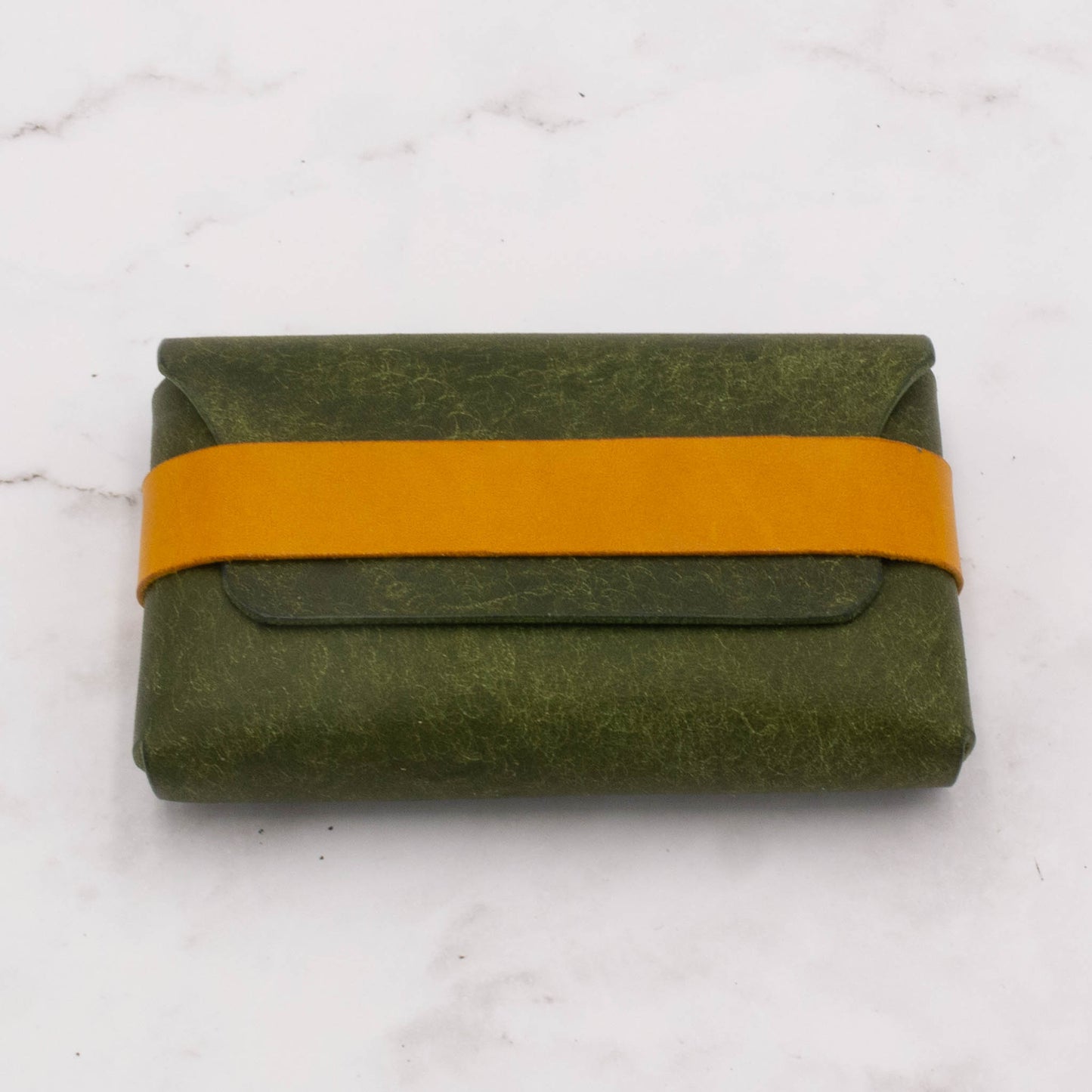 Handcrafted Leather Flap Card Case Wallet - Olive Green with Yellow Strap