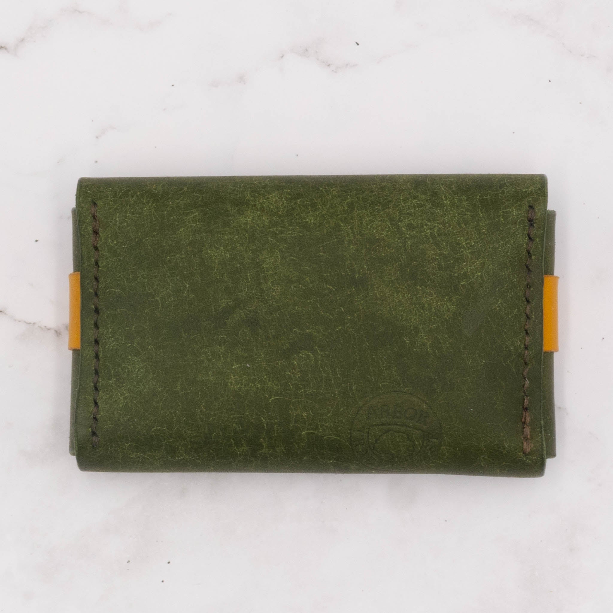 Handcrafted Leather Flap Card Case Wallet - Olive Green with Yellow Strap