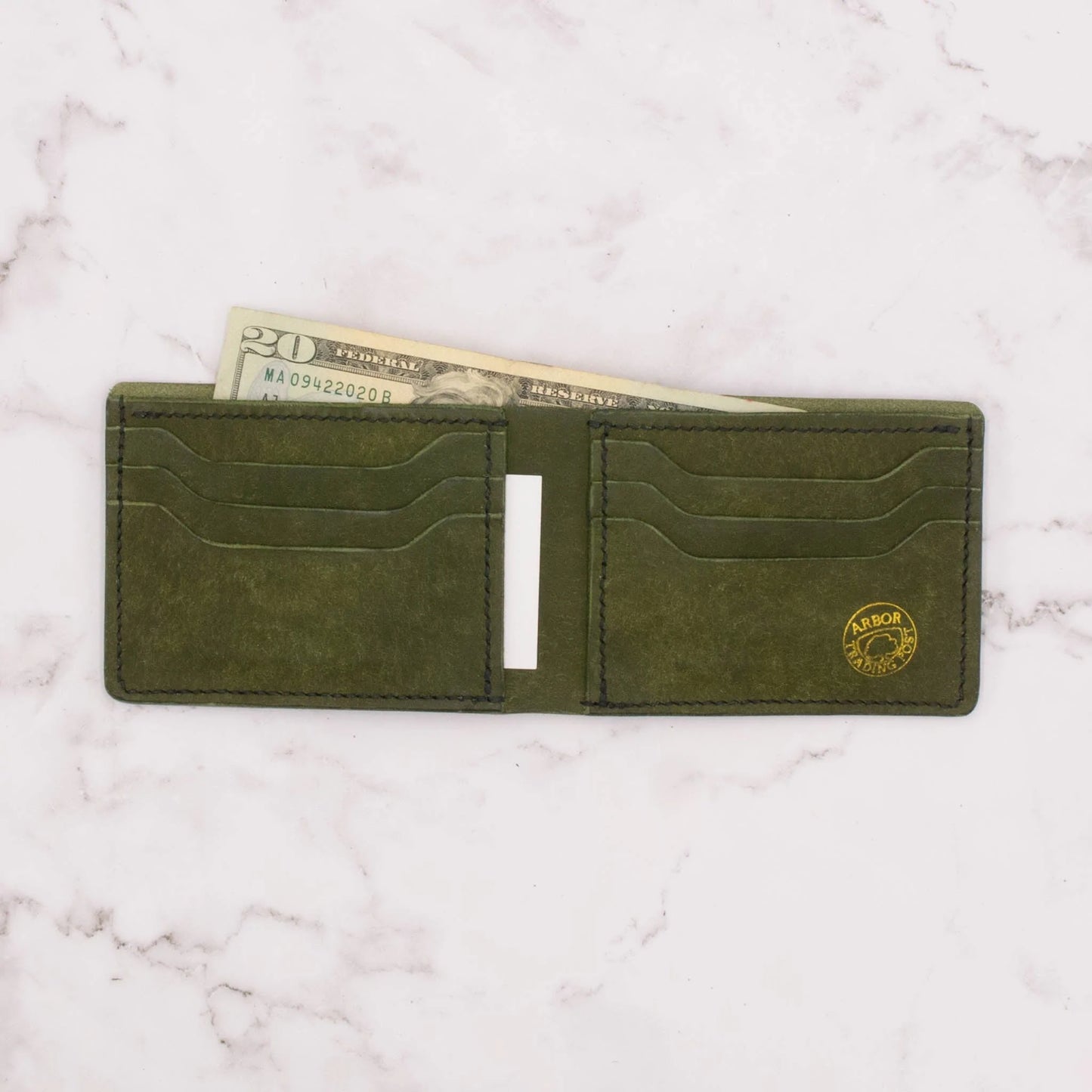 Arbor Trading Post Bifold Wallet Handcrafted Slim Classic Leather Bifold Wallet - Olive Green