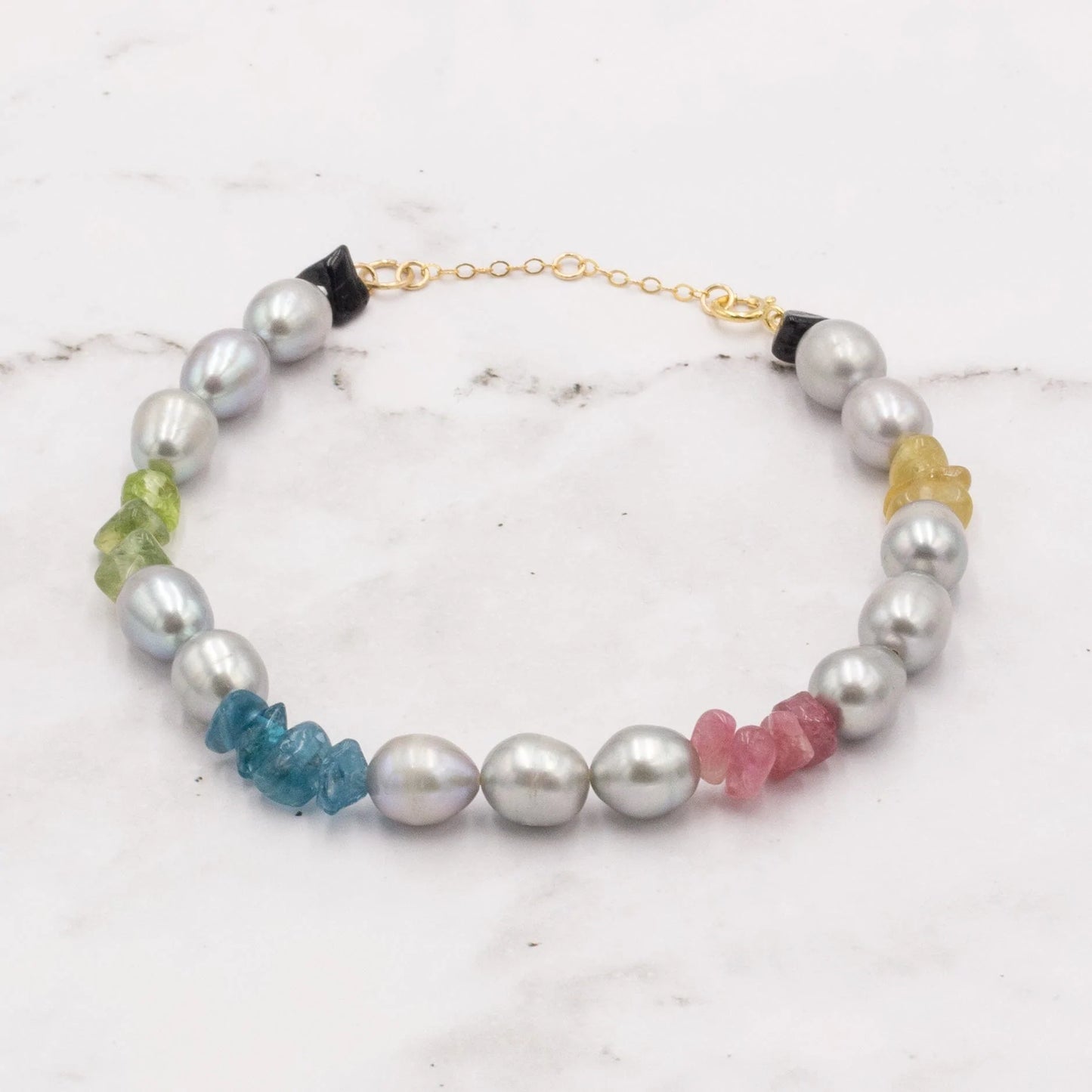 Cheekoo's Handcrafted Freshwater Silver Pearl Natural Multicolor Tourmaline 14K Gold Bracelet