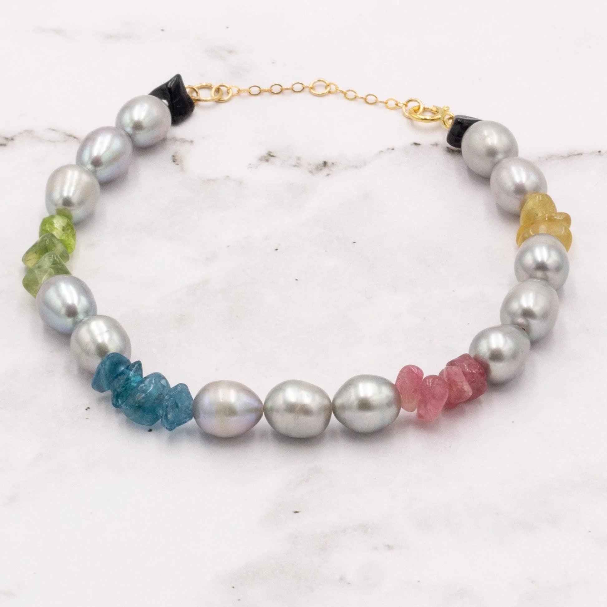 Cheekoo's Handcrafted Freshwater Silver Pearl Natural Multicolor Tourmaline 14K Gold Bracelet