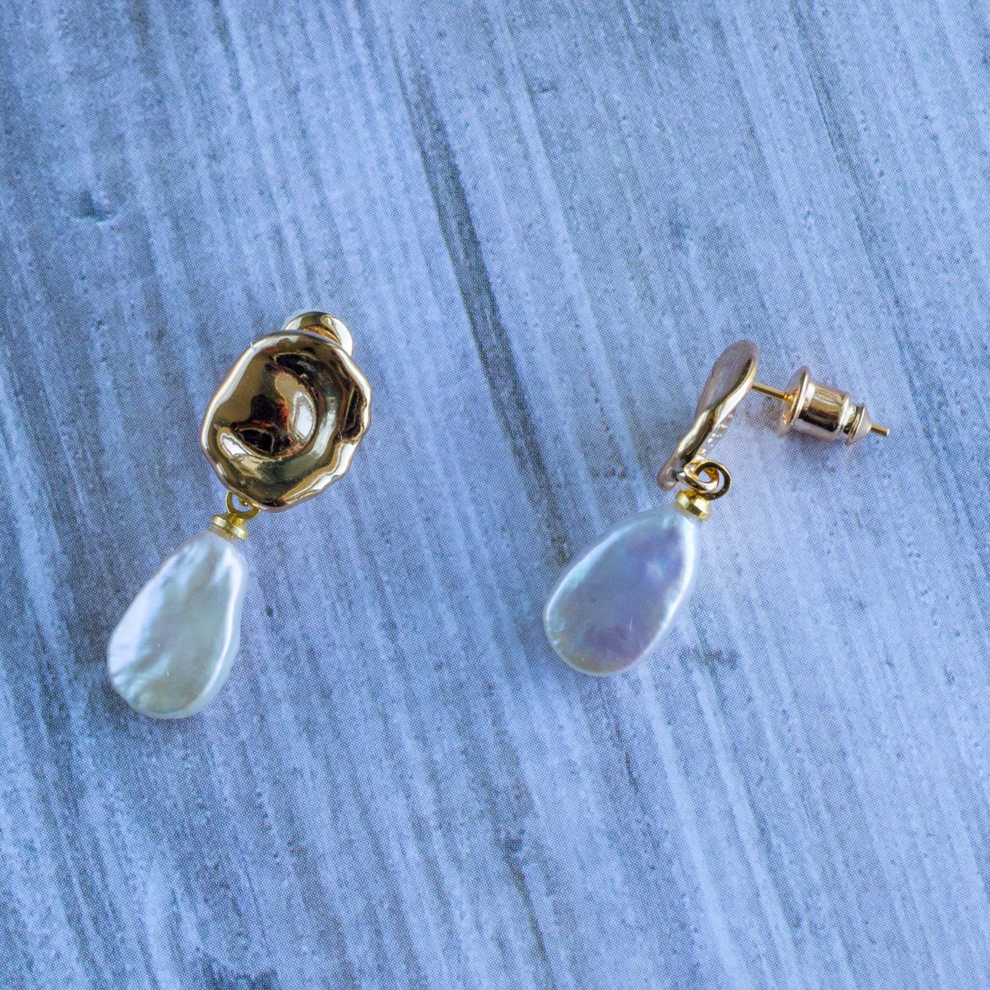 Arbor Trading Post Earrings Handcrafted Freshwater Baroque Pearl Gold Disc Drop Earrings