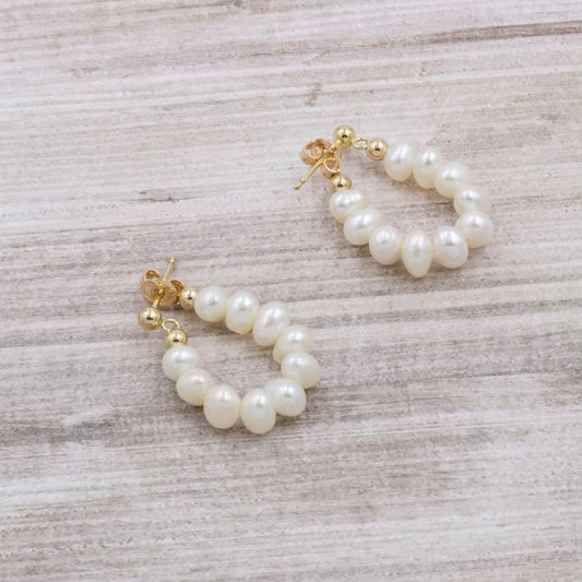 Arbor Trading Post Earrings Handcrafted Freshwater Cultured White Pearl Hoop Gold Earrings