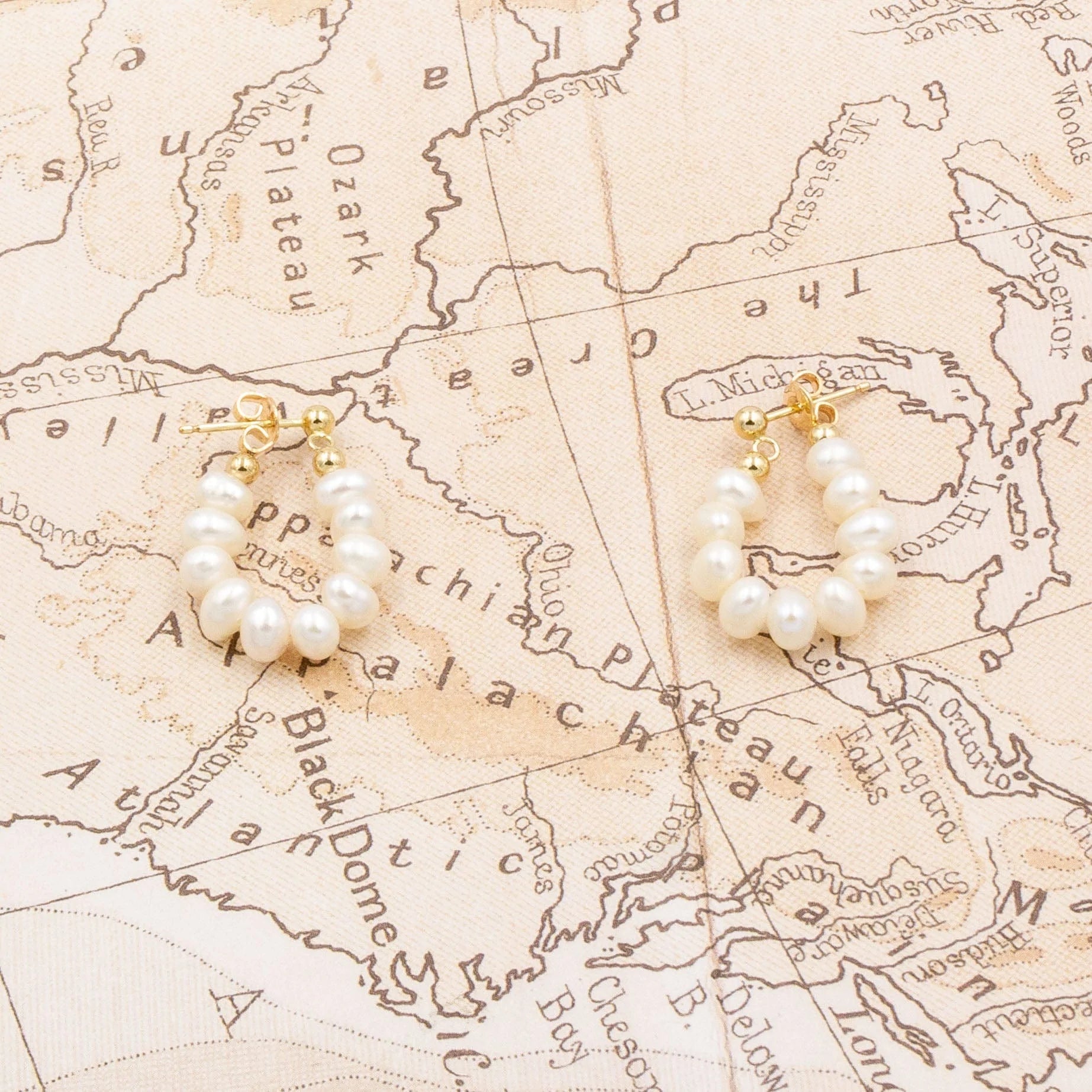 Arbor Trading Post Earrings Handcrafted Freshwater Cultured White Pearl Hoop Gold Earrings