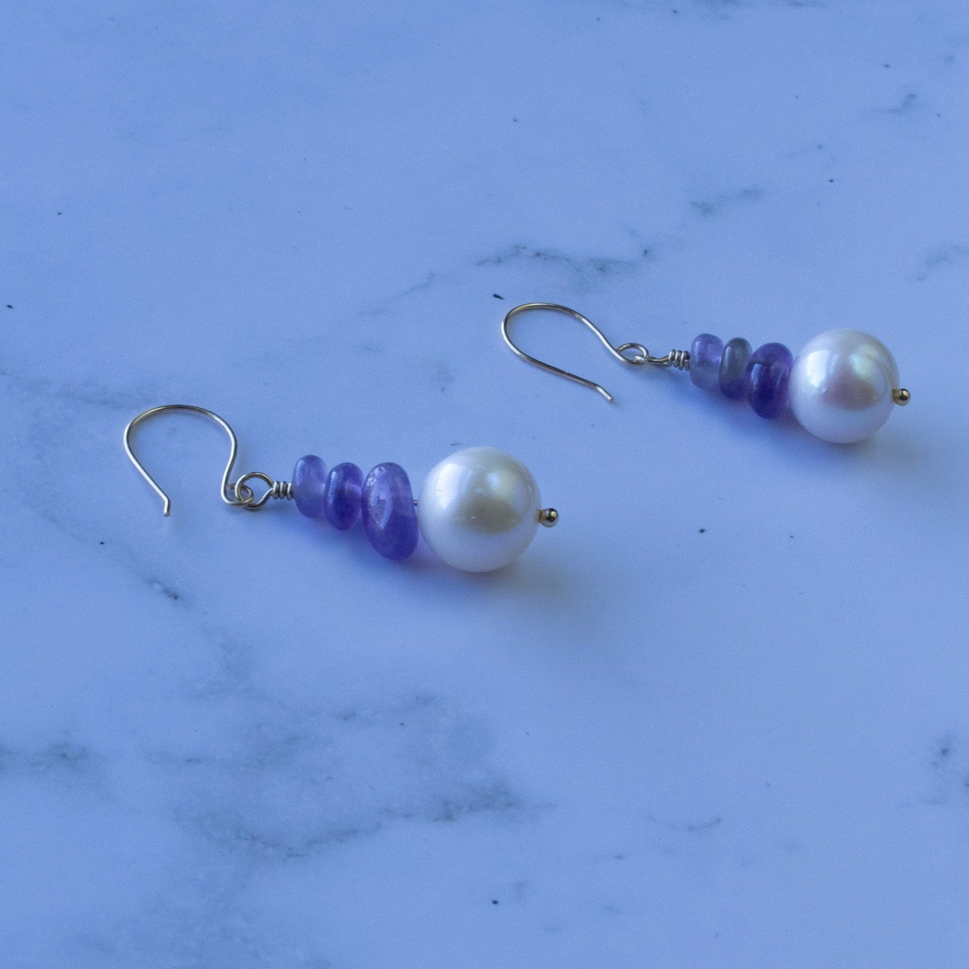 Arbor Trading Post Earrings Handcrafted Freshwater White Pearl Natural Amethyst 14K Gold Drop Earrings