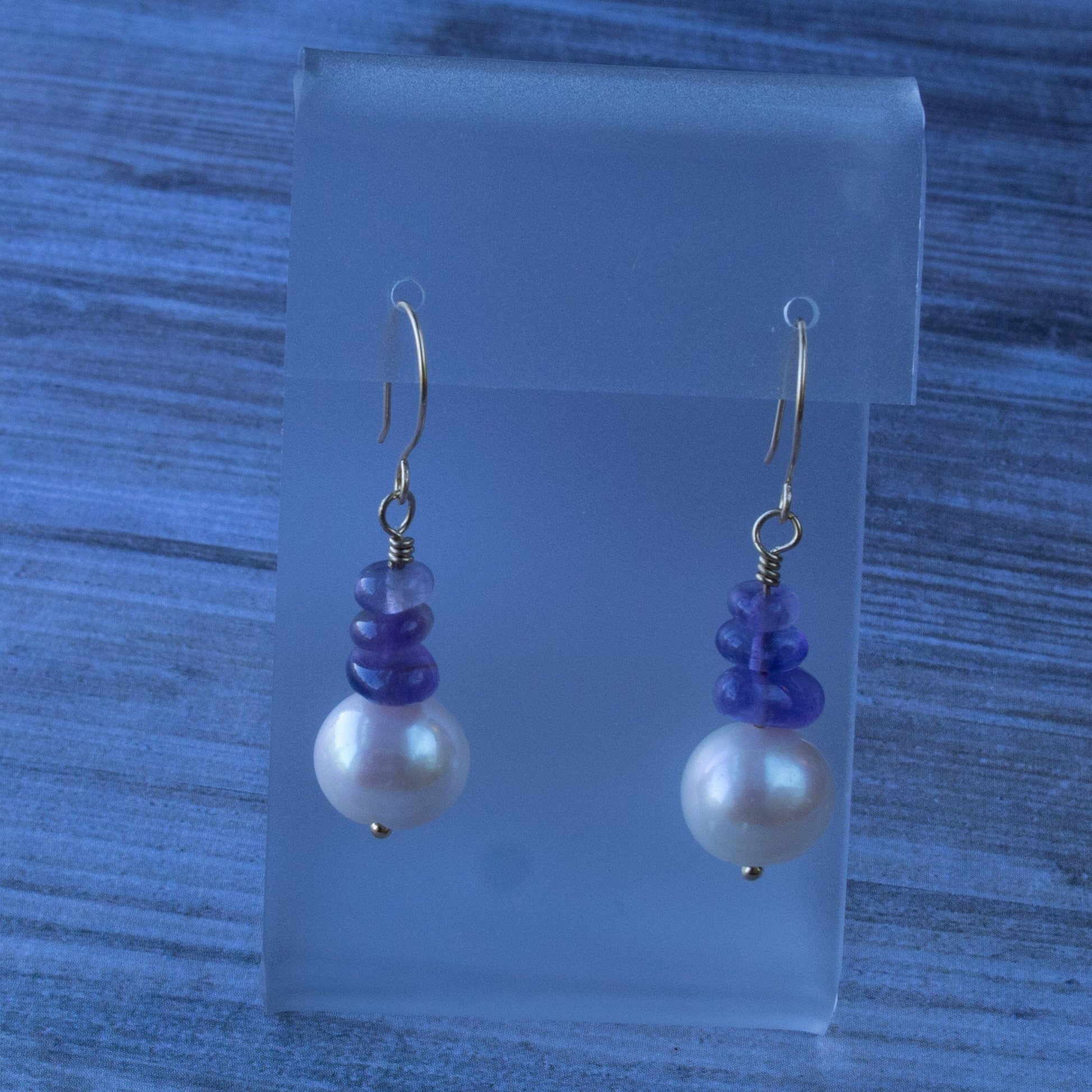 Arbor Trading Post Earrings Handcrafted Freshwater White Pearl Natural Amethyst 14K Gold Drop Earrings