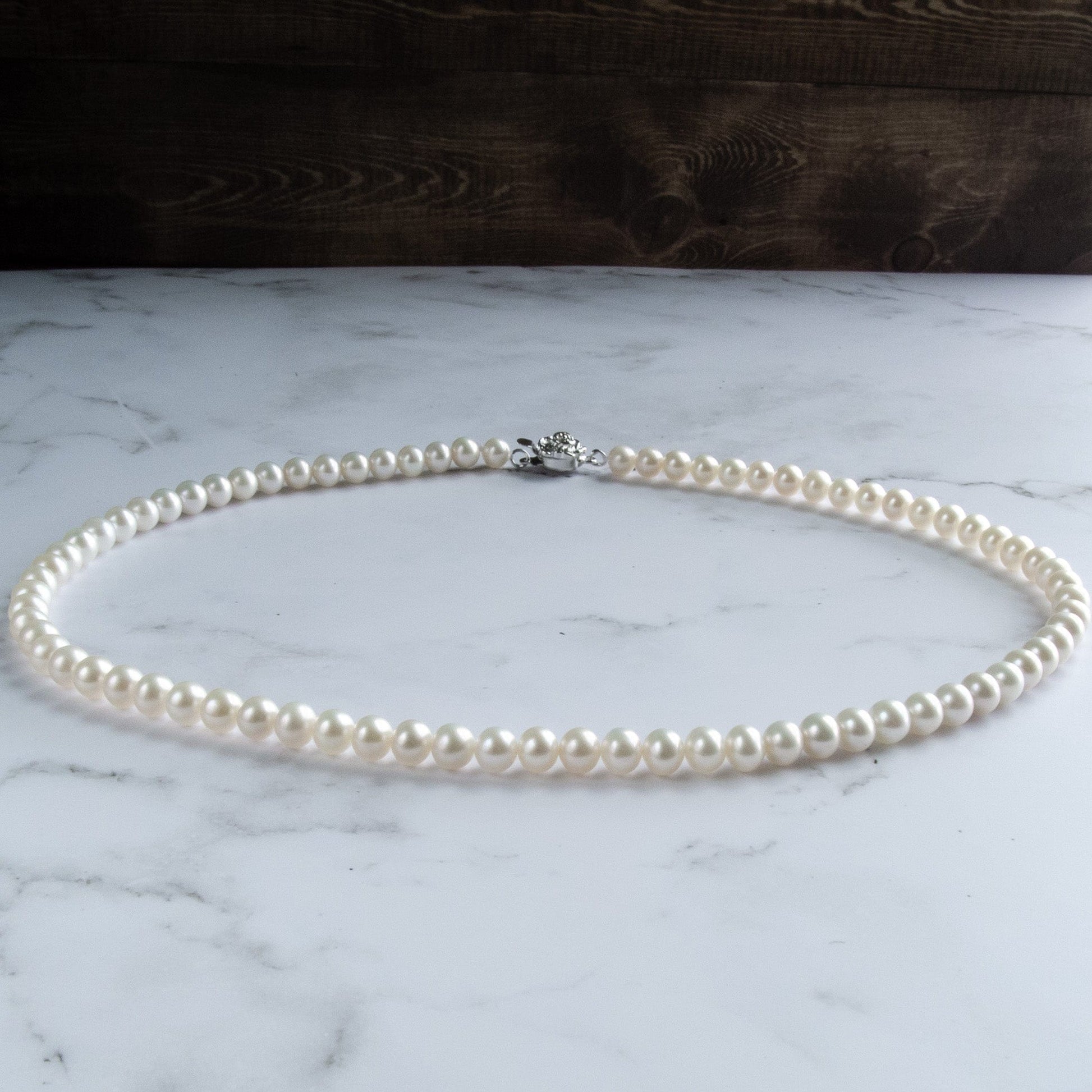 Arbor Trading Post Necklaces Genuine Cultured Freshwater White Pearl Classic Pearl Strand Necklace, 925 Sterling Silver Rose Design Clasp, 16 Inch Long, 6-7mm Pearls