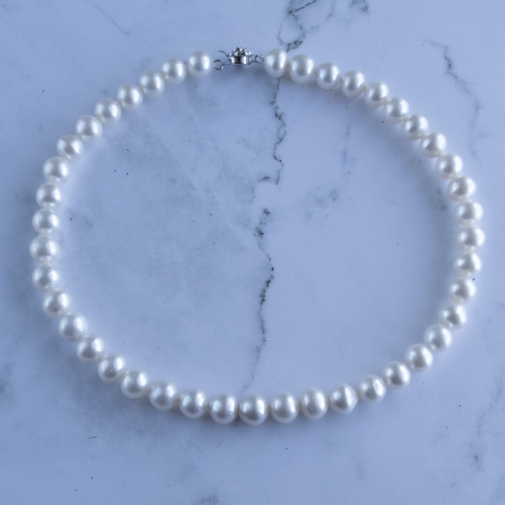 Cheekoo's Handcrafted Freshwater Cultured White Pearl Classic Strand Necklace, 10mm Large White Pearl, Silver Rose Design Clasp
