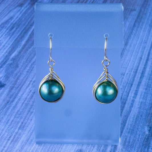 Cheekoo's Handcrafted Freshwater Green Pearl Drop Earrings, Peacock Feather Design