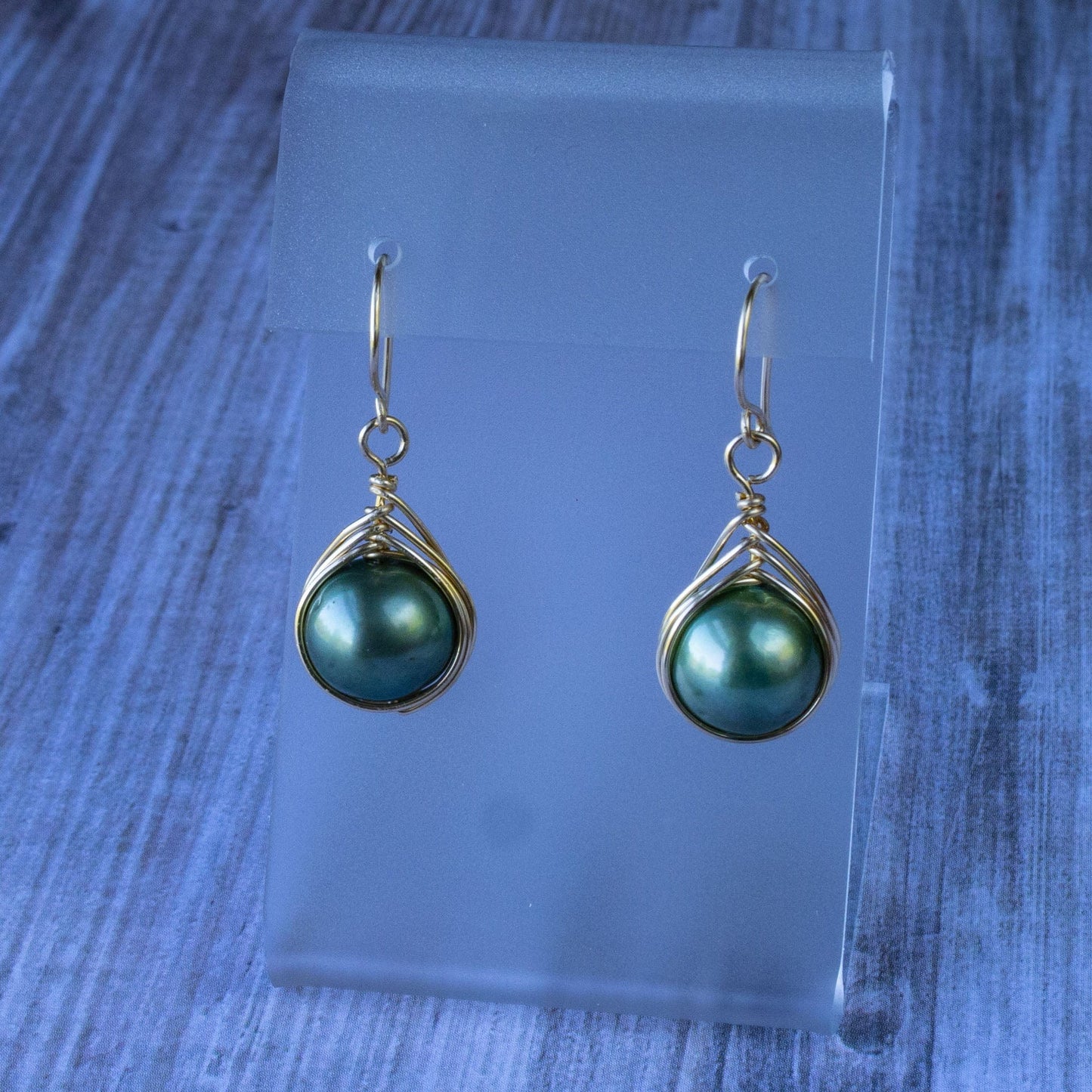 Cheekoo's Handcrafted Freshwater Green Pearl Drop Earrings, Peacock Feather Design