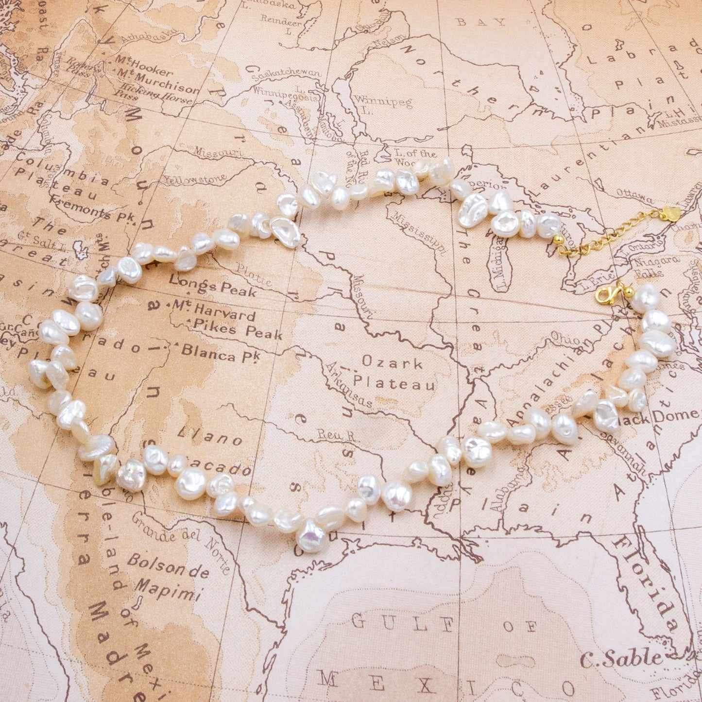 Cheekoo's Handcrafted Freshwater White Keshi Pearl Strand Gold Necklace, 6-10 mm Pearls, 15-17" Strand