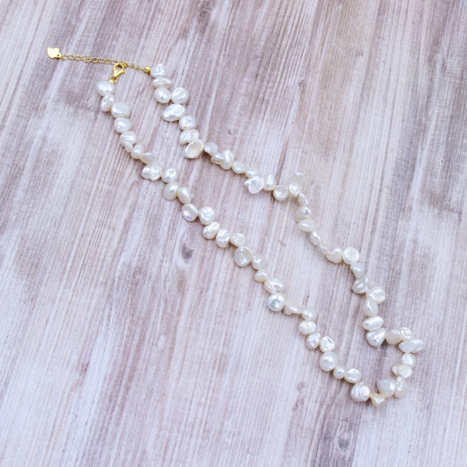 Cheekoo's Handcrafted Freshwater White Keshi Pearl Strand Gold Necklace, 6-10 mm Pearls, 15-17" Strand