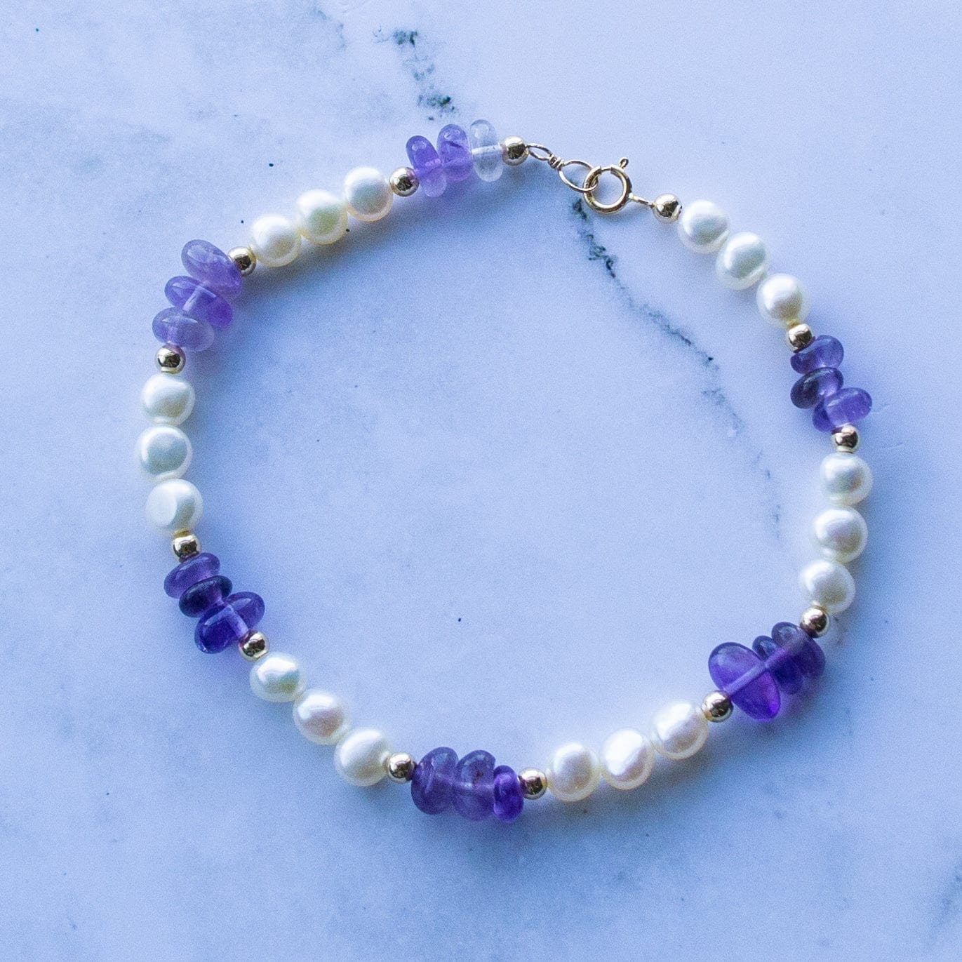 Cheekoo's Handcrafted Freshwater White Pearl Natural Amethyst 14K Gold Bracelet