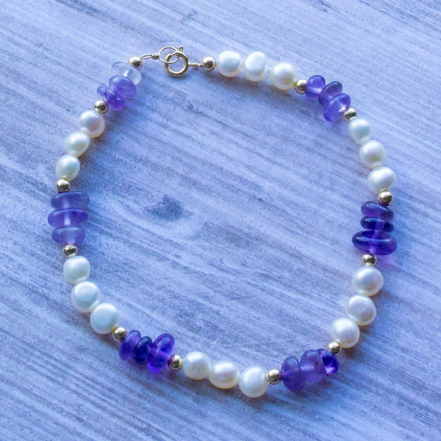 Cheekoo's Handcrafted Freshwater White Pearl Natural Amethyst 14K Gold Bracelet