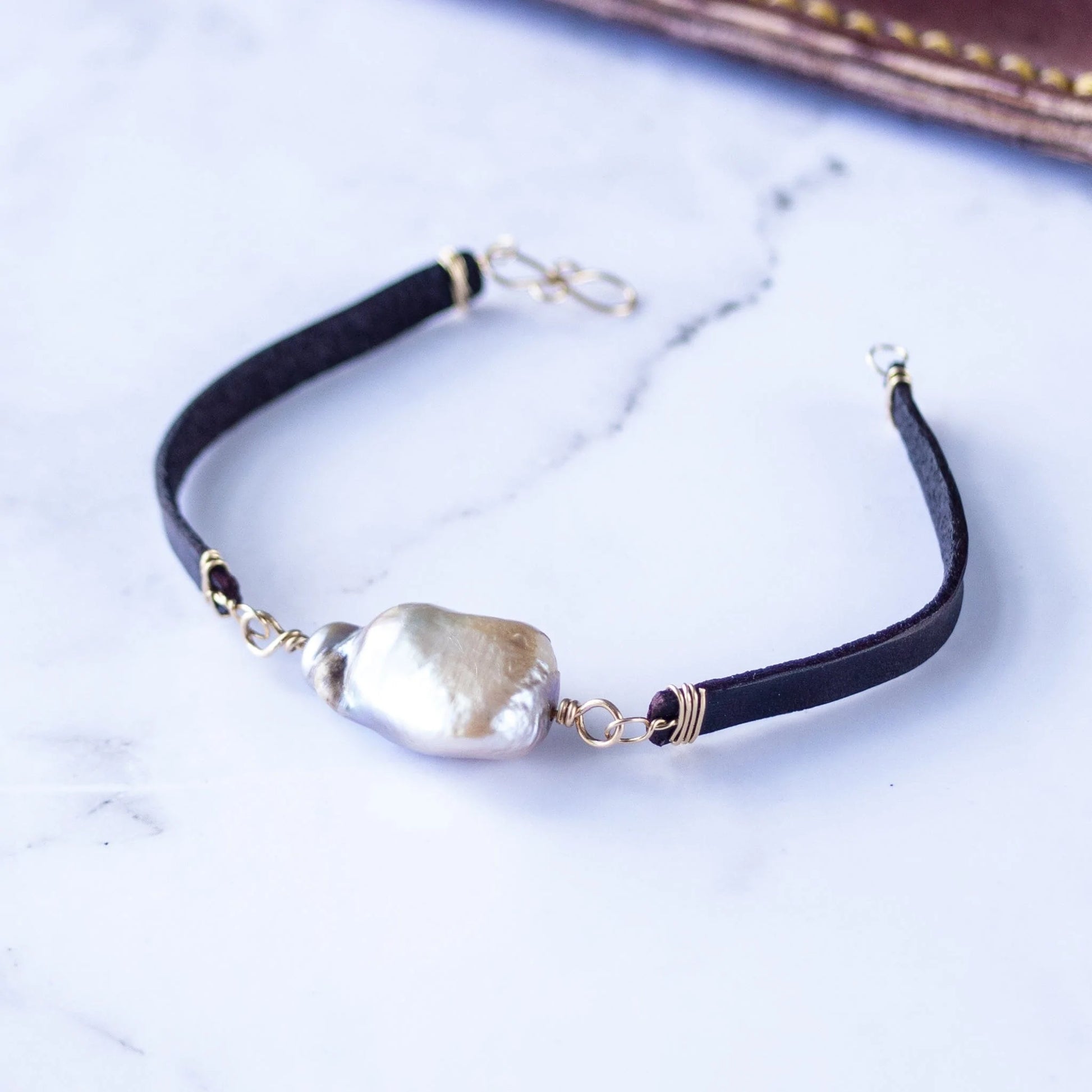 Cheekoo's Handcrafted Genuine Leather Bracelet with Freshwater Baroque Pearl and 14K Gold Chain and Clasp