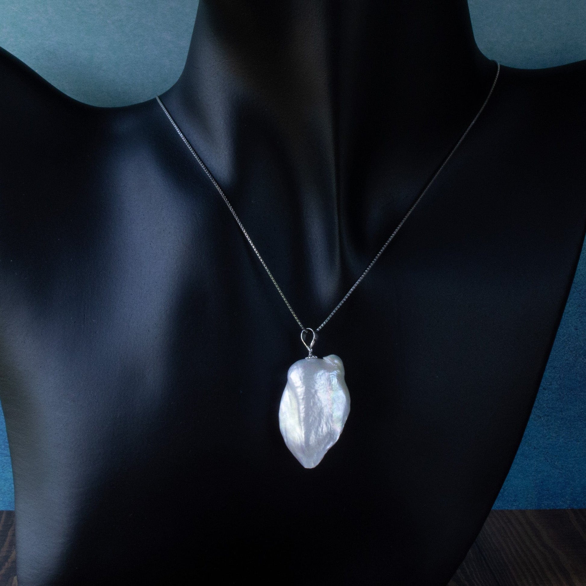 Cheekoo's Handcrafted Large Freshwater White Baroque Pearl Sterling Silver Necklace, 30mm x 18 mm Pearl