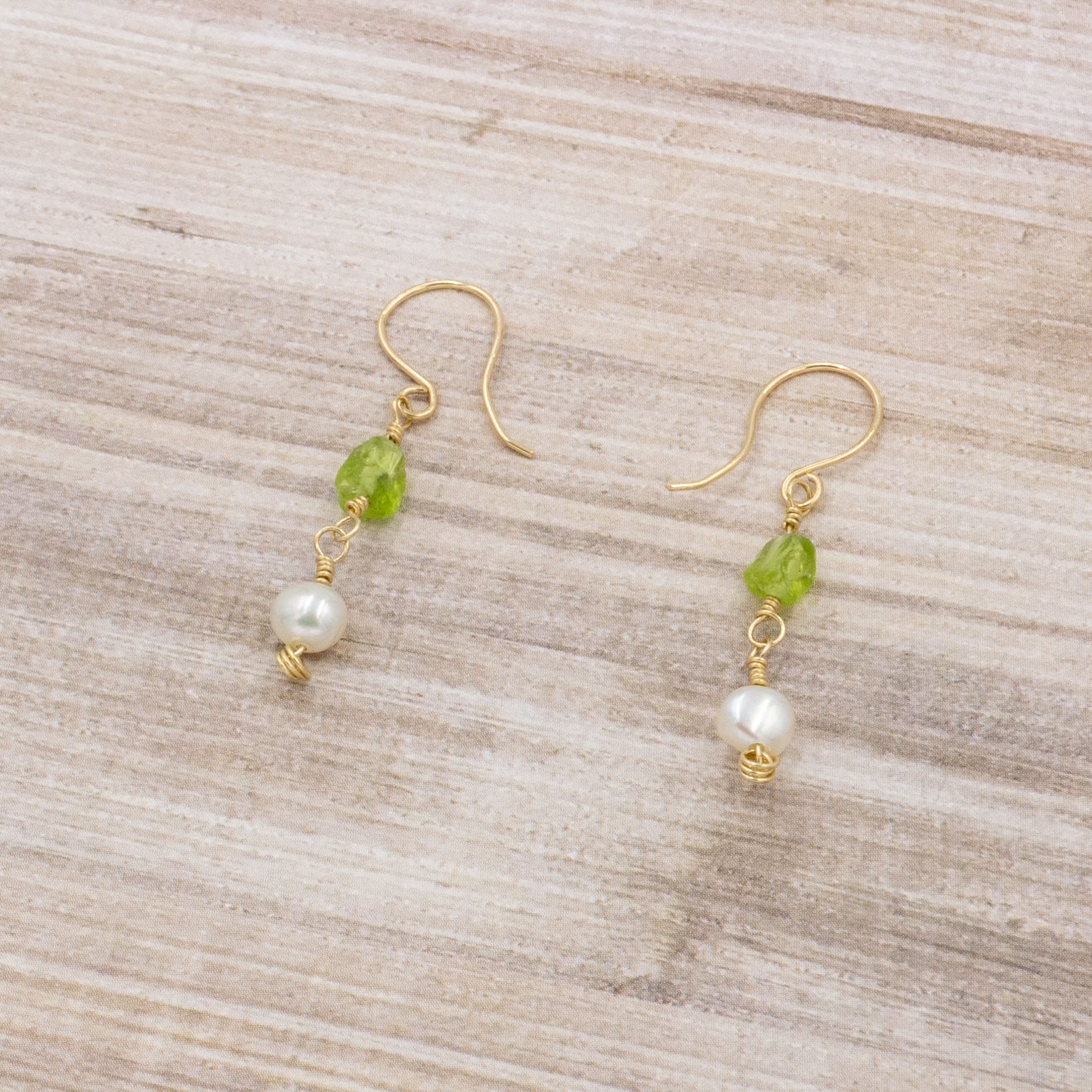 Cheekoo's Handcrafted Natural Peridot Freshwater White Pearl 14K Gold Drop Earrings - August Birthstone