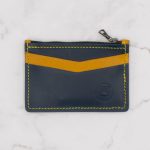 Leather Colorblock Wallet with ID Window and Zipper - Navy Blue and Yellow