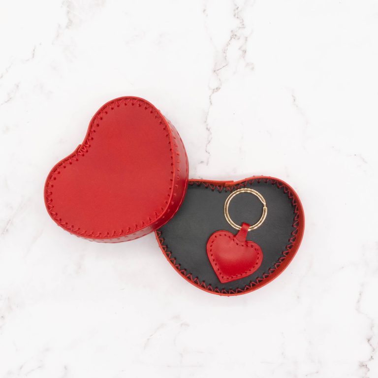 Red Heart-Shaped Leather Gift Box with Matching Heart Key Ring - Image 4