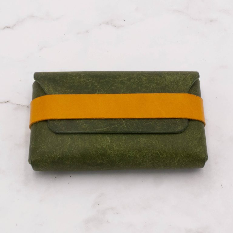 Handcrafted Leather Flap Card Case Wallet - Olive Green with Yellow Strap - Image 6