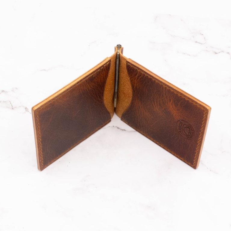 Modern Design Slim Money Clip Bifold Wallet - Cognac Pullup Leather - Image 3