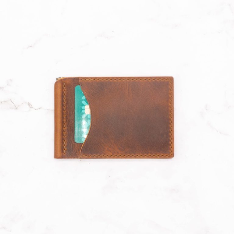 Modern Design Slim Money Clip Bifold Wallet - Cognac Pullup Leather - Image 4