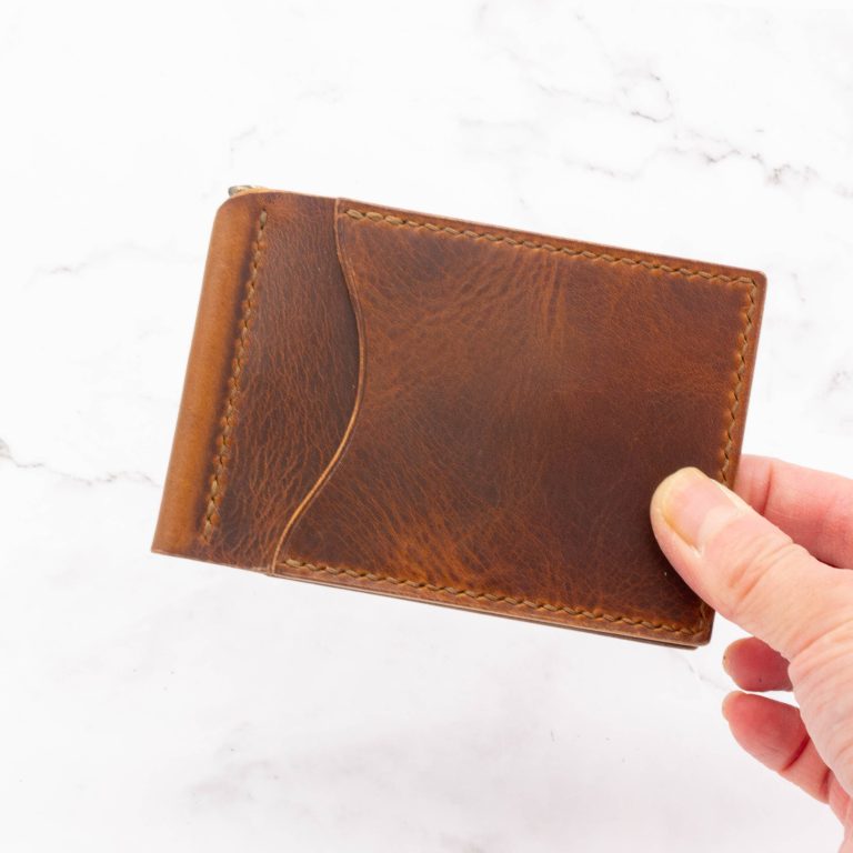 Modern Design Slim Money Clip Bifold Wallet - Cognac Pullup Leather