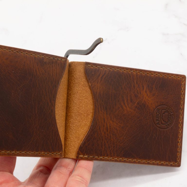 Modern Design Slim Money Clip Bifold Wallet - Cognac Pullup Leather - Image 5