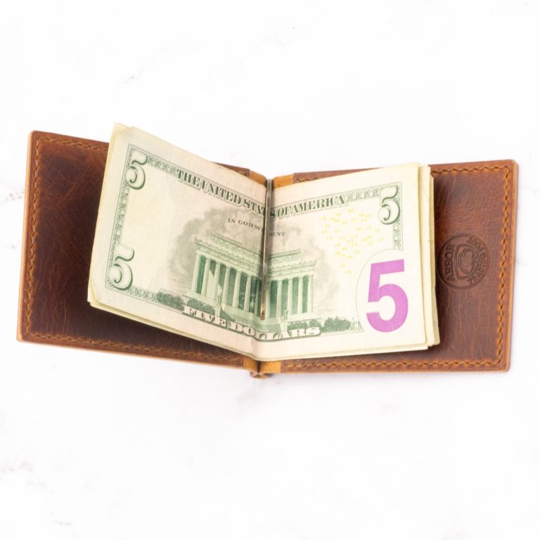 Modern Design Slim Money Clip Bifold Wallet - Cognac Pullup Leather - Image 6