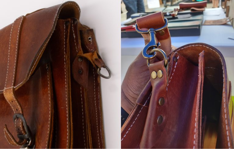 A briefcase before and after repair and adding new buckles and strap