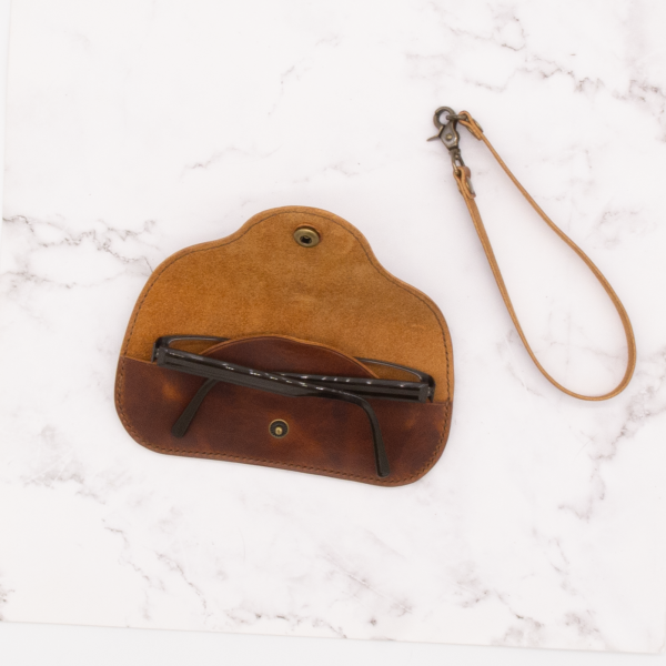 Leather Sunglass Case with Detachable Wristlet Strap (Cognac Brown) - Image 3