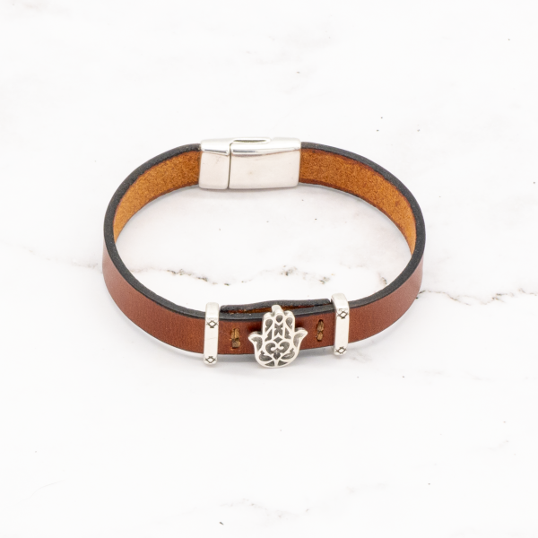 Leather Bracelet with Silver Charm & Magnetic Clasp - Hamsa - Image 3