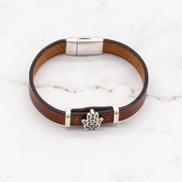 Leather Bracelet with Silver Charm & Magnetic Clasp - Hamsa - Image 7