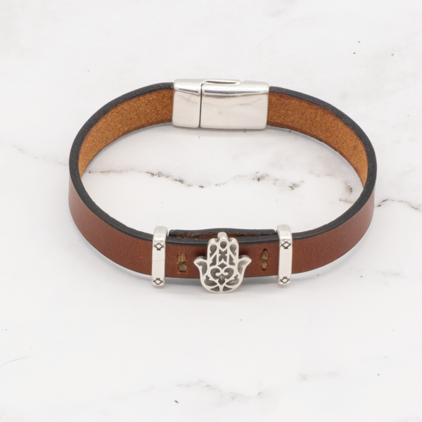 Leather Bracelet with Silver Charm & Magnetic Clasp - Hamsa - Image 10
