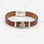 Leather Bracelet with Silver Charm & Magnetic Clasp - Hamsa