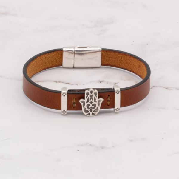 Leather Bracelet with Silver Charm & Magnetic Clasp - Hamsa - Image 5