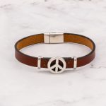 Leather Bracelet with Silver Charm & Magnetic Clasp - Peace Sign