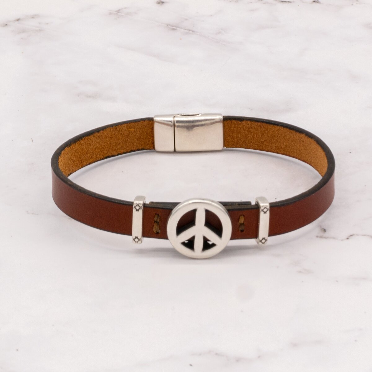 Leather Bracelet with Silver Charm & Magnetic Clasp - Peace Sign 1 tree of life bracelet