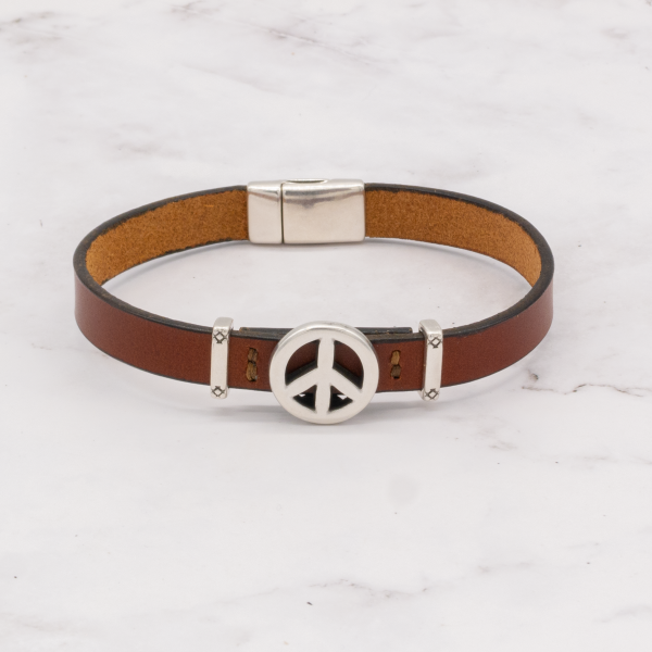 Leather Bracelet with Silver Charm & Magnetic Clasp - Peace Sign - Image 4